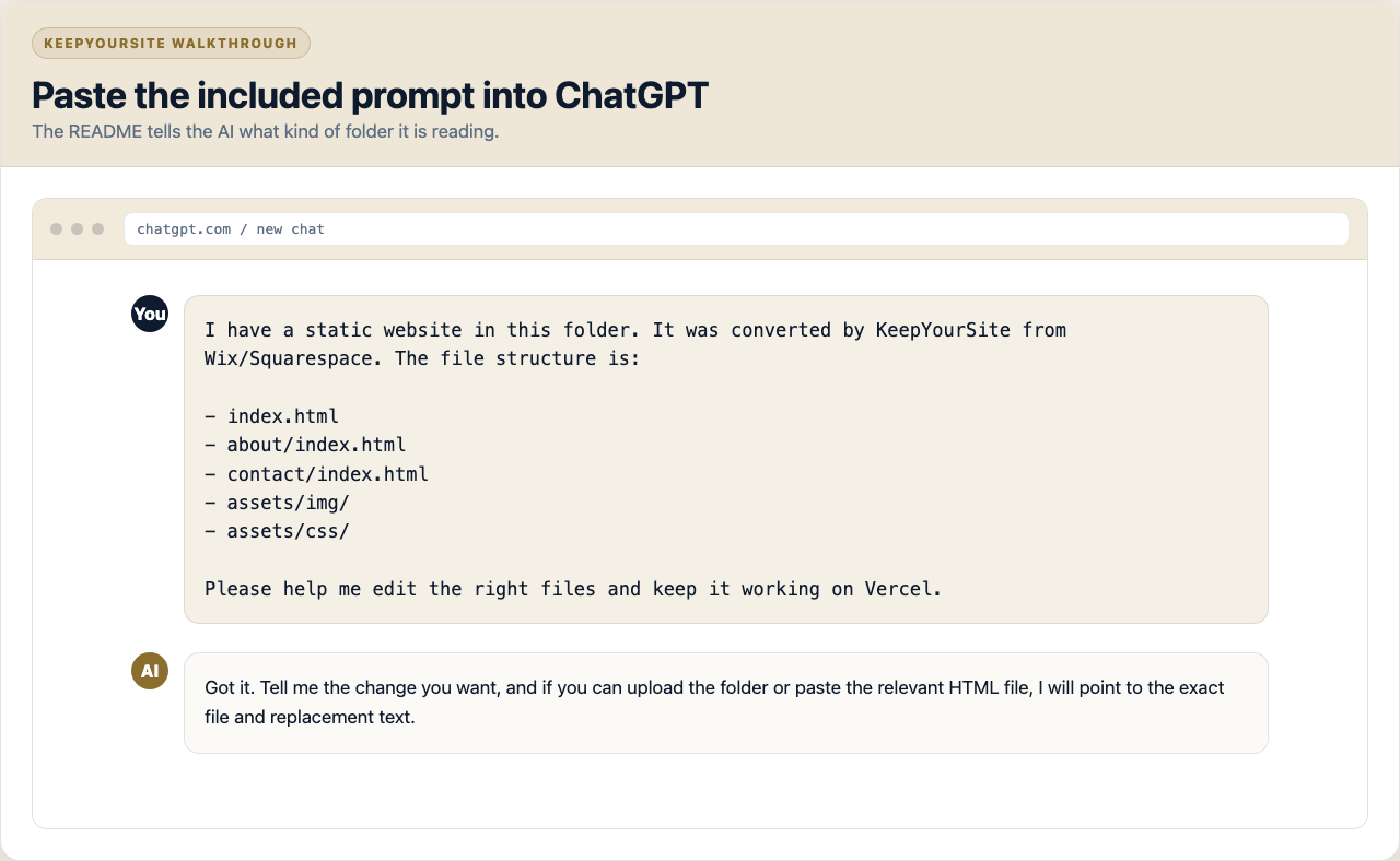 ChatGPT window showing a KeepYourSite editing prompt pasted into a new chat.